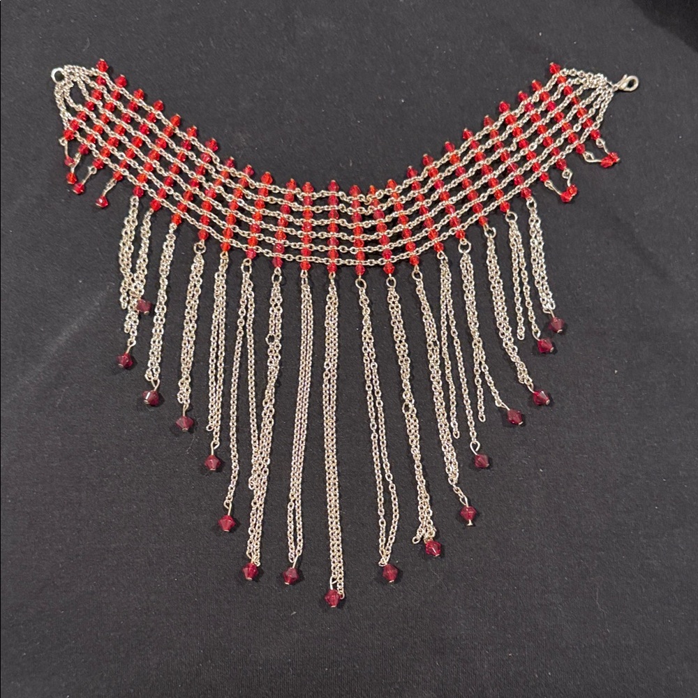 Elegant Red and Silver Fringe Necklace
